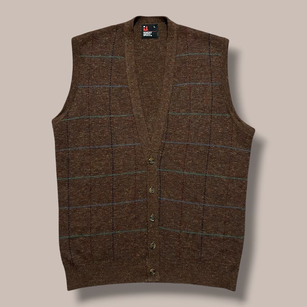 Vintage 80s Cardigan Sweater Vest Geometric Brown Mens Large Acrylic Knit